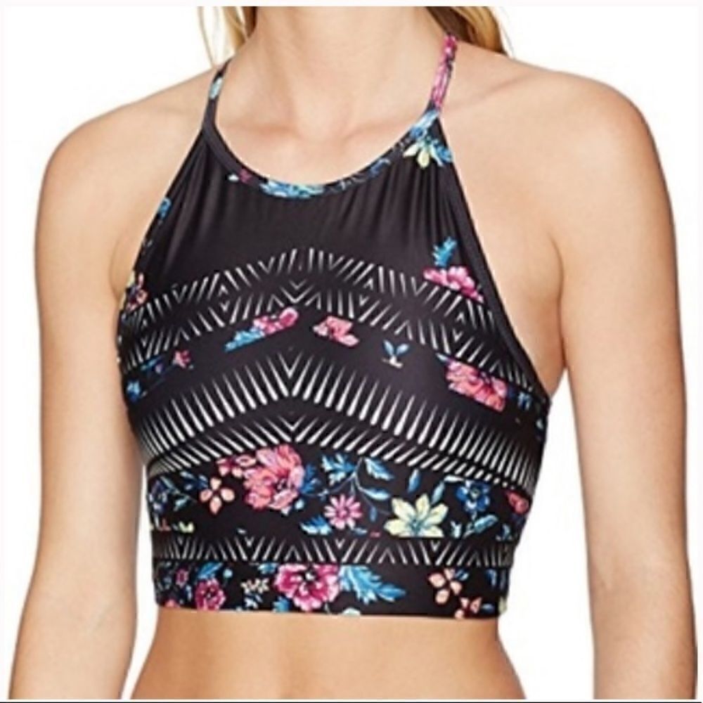 Betsy Johnson crop top cross back black floral M (K1)